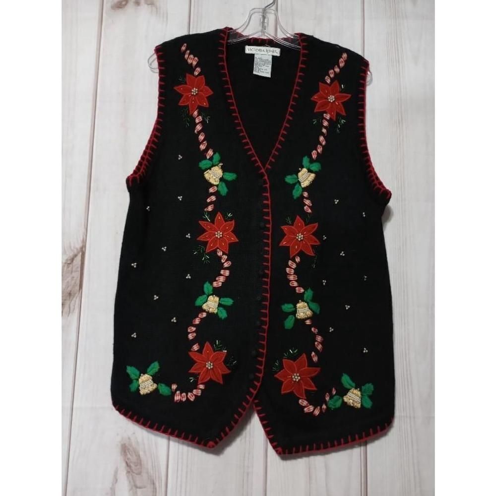 Victoria Jones Sweater Ladies Medium Black Beaded Embroidered Christmas Vintage